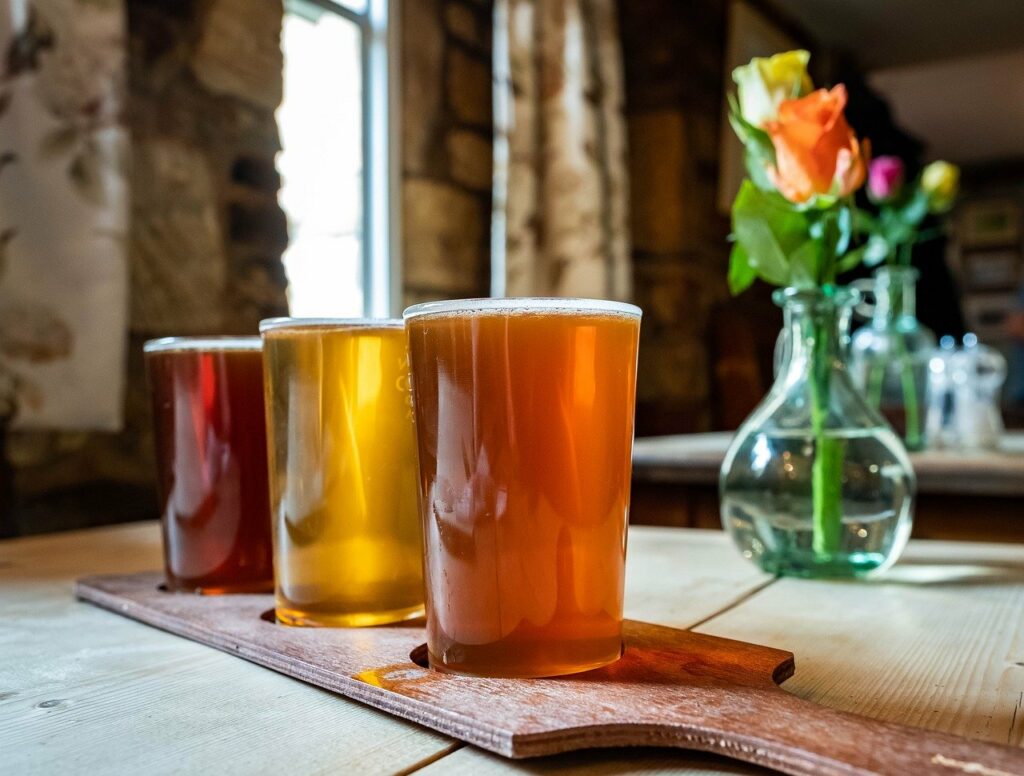 Tres vasos de degustación de cerveza en un tablero de madera con flores.