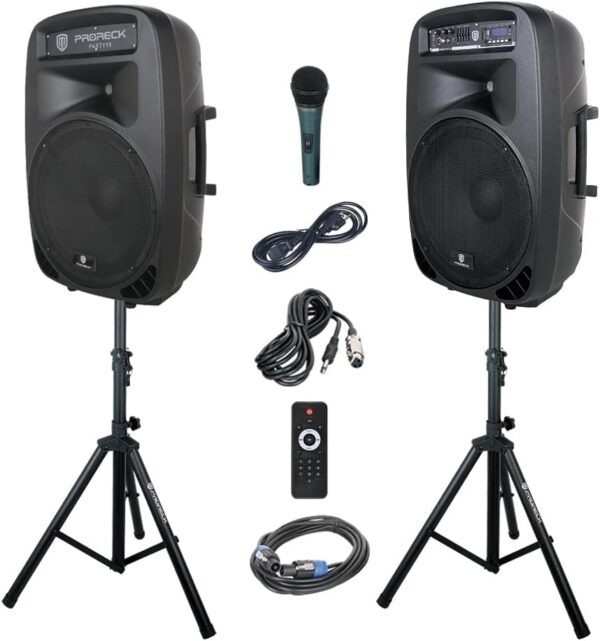 Party Proreck 15 Portable de 15 pulgadas 2000 Watt 2 vías Sistema de altavoz PA Conjunto combinado con Bluetooth/USB/SD Radio/FM Radio/control remoto/LED Light