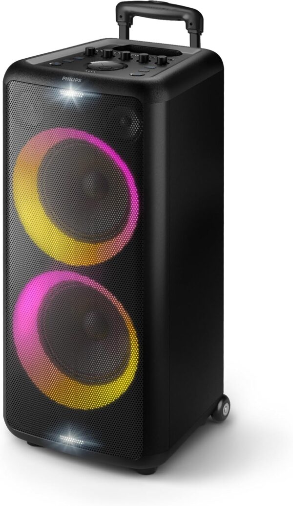 Philips x5206 altavoz de fiesta Bluetooth, portátil con ruedas, emocionante espectáculo de luces, máquina de karaoke con micrófono y entrada de guitarra, potente bajo y subwoofer, tiempo de juego largo, perfecto para eventos al aire libre