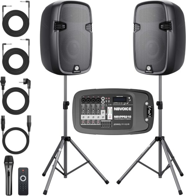 Sistema profesional de PA profesional de 10 "600W con paquete de DJ mezclador, altavoces de Portabel Sistema de sonido Bluetooth de 2 vías con USB SD XLR 1/4" RCA Inputs-Home/OutdoorParty