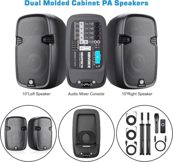 Sistema profesional de PA profesional de 10 "600W con paquete de DJ mezclador, altavoces de Portabel Sistema de sonido Bluetooth de 2 vías con USB SD XLR 1/4" RCA Inputs-Home/OutdoorParty - Imagen 2