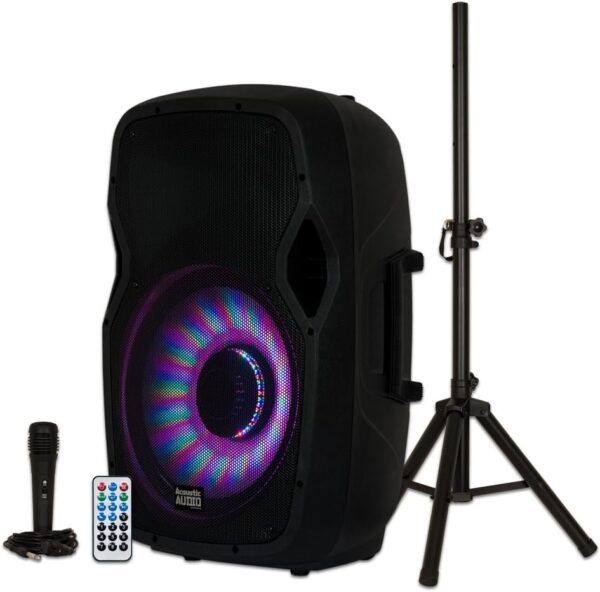 Audio acústico por Goldwood 1000W Bluetooth Speaker Set w/ Woofer de 15 " - Sistema de sonido PA portátil con micrófono, soporte ajustable y remoto para karaoke, piscina, patio trasero, playa, DJ o portada trasera
